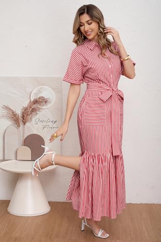 Image of utcoco Women's 2026 Summer Casual Striped Button Down Maxi Dress Tie Waist Short Sleeve Shirt Dress with Pockets
