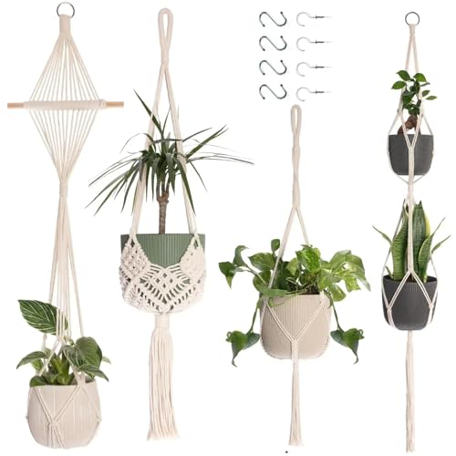 Makramee Blumenampel, 4 Stück Boho Deko Makramee Hängeampel mit Haken, Baumwollseil Hängepflanzen, Boho Zimmer Deko Aesthetic Hängeampel, Blumentopf Hängend für Innen Außen Decken Balkone Wand Deko Makramee Blumenampel, 4 Stück Boho Deko Makramee Hängeampel mit Haken, Baumwollseil Hängepflanzen, Boho Zimmer Deko Aesthetic Hängeampel, Blumentopf Hängend für Innen Außen Decken Balkone Wand Deko