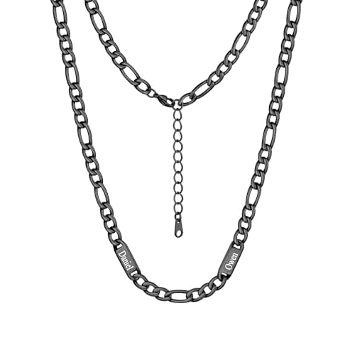 Custom4U Personalized Stainless Steel Figaro Chain for Men Women, 5mm/7mm Width Engraving 1-5 Names Figaro Chain Necklace, Steel/14K Gold Plated/Black Fathers Day Gift Hip Hop Jewelry+Send G