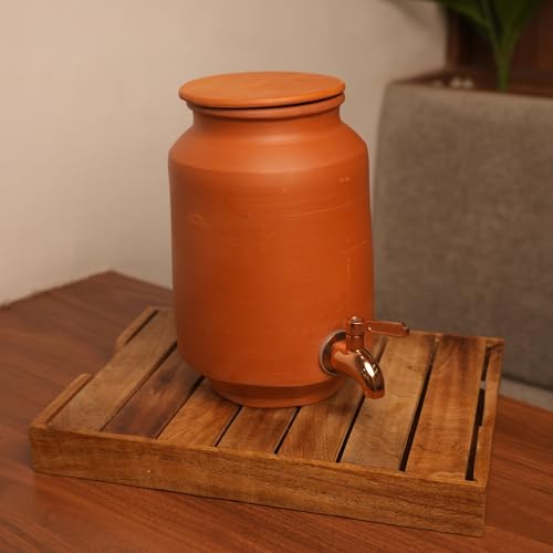 Image of Clay Water Dispenser with Copper Stainless Steel Tap & Lid - Terracotta Mitti Water Pot /Matka, Natural Earthenware Drink Dispenser for Kitchen, Home & Office (3.5 Litre)