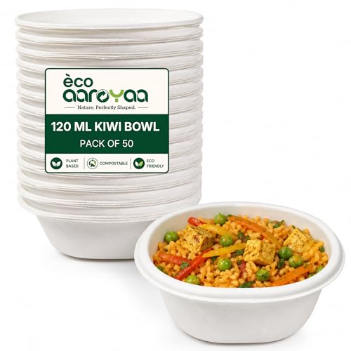 Image of Eco Aaroyaa Disposable Square Kiwi Bagasse Bowls - 120 ML - Biodegradable Disposable Bowls - Eco-Friendly Dip, Sauce, Chutney & Dessert Cups - Leak-Resistant Small Serving Bowl (Pack of 50)