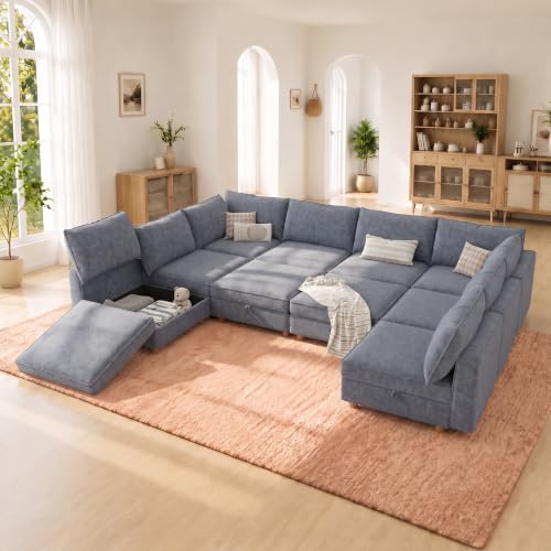 Image of 128 inch Chenille Modular Sofa Bed with Washable Covers & Storage, 10-Seater Modular Sectional Sleeper Sofa Bed with Movable Ottoman Chaise, Convertible Sleeper Sectional Couches for Living Room, Gray