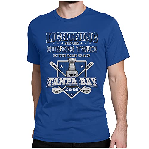 Tampa Bay Hockey Back-2-Back Stanley Tee Champions 2021 Celebrate T-Shirt Bolt Never Strikes Twice in The Same Place But Tampa Bay Tee Gift for Fans - Unisex/Royal/M