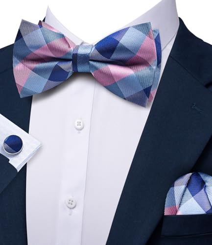 Image of Barry.Wang Paisley Striped Bow Tie for Men Silk Pre-Tied Bowtie Pocket Square Cufflinks Set Formal Wedding Party Prom