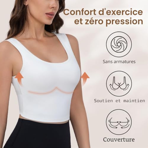 Women's Sports Bra Workout Tank Top High Support Fitness Bra Moisture-Wicking Exercise Top for Yoga, Pilates, Gym Workouts (FR/ES, Alpha/Lettres, TG, Taille Normale, Taille Normale, White) – vue 3