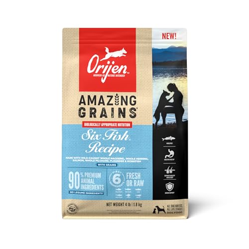 ORIJEN AMAZING GRAINS Six Fish Recipe Dry Dog Food, High Protein Dog Food, Fresh or Raw Ingredients, 4lb