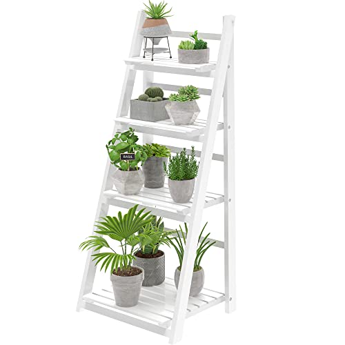 HOMIDEC Plant Stand 4 Tier Wooden Ladder Shelf Free Installation Display Shelf Foldable Plant Stands Indoor Shelves for Garden Living Room White