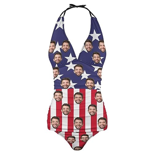 Personalized Husband Face on Women V Neck Swimsuits American Flag 2 Piece Bathing Suits Swim4