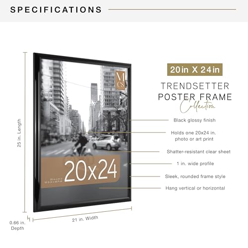 Image of MCS Trendsetter 20x24 Poster Frame Black High-Gloss, Vertical & Horizontal Wall Hanging Large Picture Frame for Photos, Posters & Art Prints (1-Pack)