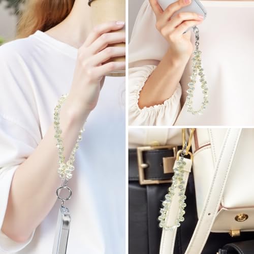 Image of TENOC Beaded Phone Wrist Strap, Light Yellow | Cellphone Lanyard Chain, Sparkling Wristlet Bracelet, For Women