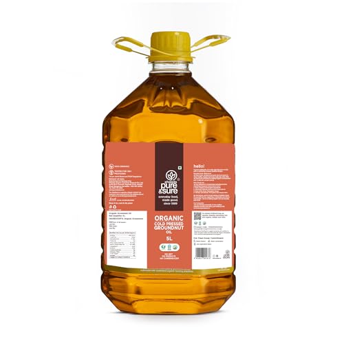 Image of Pure & Sure Organic Cold Pressed Groundnut Oil 5 Ltr | Peanut Oil /Sing Tel Edible for Cooking | Extracted on Wooden Churner | Nutrient Rich & Chemical Free