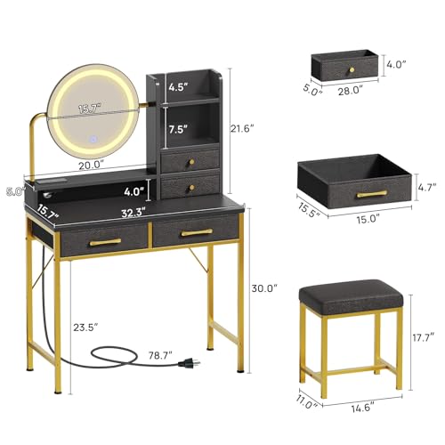 Seventable Vanity Desk with Lighted Mirror & LED Lights, Makeup Table with Power Outlet & 4 Storage Drawers, Includes Makeup Stool for Bedroom, Black & Gold - Thumbnail 7