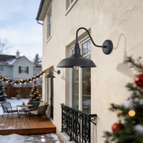 Image of 14 Inch Gooseneck Barn Lighting Outdoor Large Exterior Gooseneck Light Fixtures, Matte Black Farmhouse Barn Lights 2 Pack Outside Goose Neck Deck Wall Sconce for House, Garage