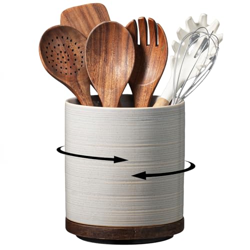 Image of Utensil Holder, 360 Rotating Extra Large Ceramic Kitchen Utensil Holder for Countertop, 7.3 inch Cooking Utensil Crocks for Kitchen Counter with Rotatable Wooden Base, Farmhouse Decor, Grey