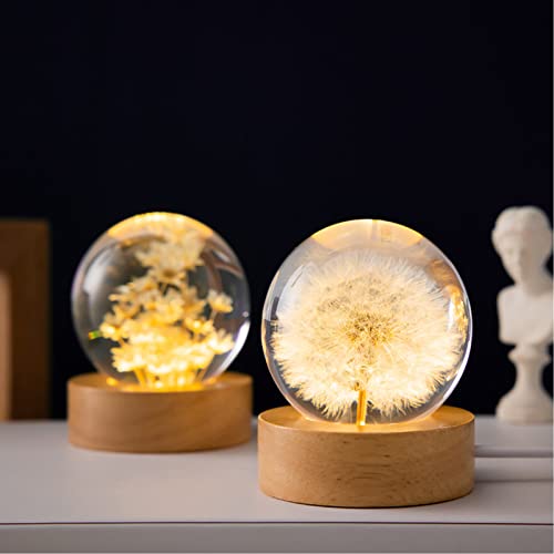MARZIUS Flower Crystal Ball Night Light,6cm Glass Ball Night Lamp with Wooden Base (Red Daisy), 2.4x2.4x2.4 Inches - Image 4