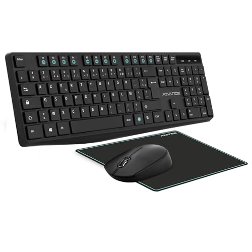 Advance | Elite Wireless Combo | Ensemble Clavier Souris sans Fil +Tapis | Kit Bureautique pour PC/Portable | Clavier Ergonomique | Souris Optique 1600 DPI et Molette Silencieuse | Tapis Antidérapant