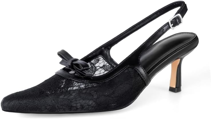 Image of MAVMAX Slingback Mesh Lace Heels for Women Kitten Heels Pumps with Buckle Bow Tie Pointed Close Toe Dress Casual Office Party Shoes,Mesh Black,US8.5