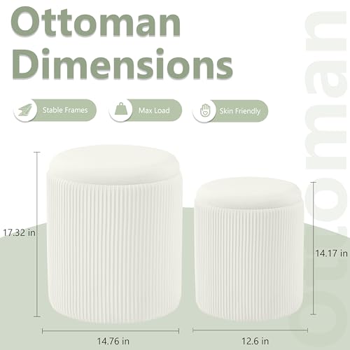 Royal Windsor Round Ottoman with Storage Set of 2,Vanity Stool with Storage for Bedroom, Ottoman Coffee Table,Small Velvet Foot Stool for Living Room, White