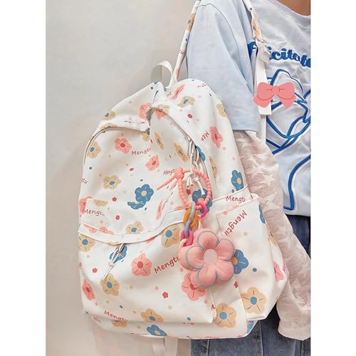 Kawaii Backpack Pink Flower Y2K Aesthetic Cute Small cosmetic bag Large Capacity Multi-Pocket Lightweight Beige with Accessory2