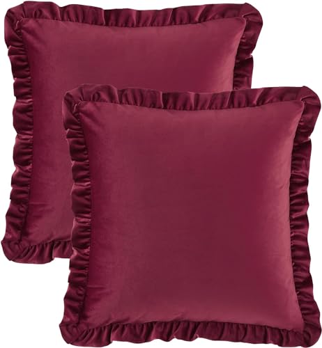 Image of Velvet Wine 24x24 Pillow Covers, Set of 2 Decorative Ruffle Cushoin Pillow Covers for Sofa Couch