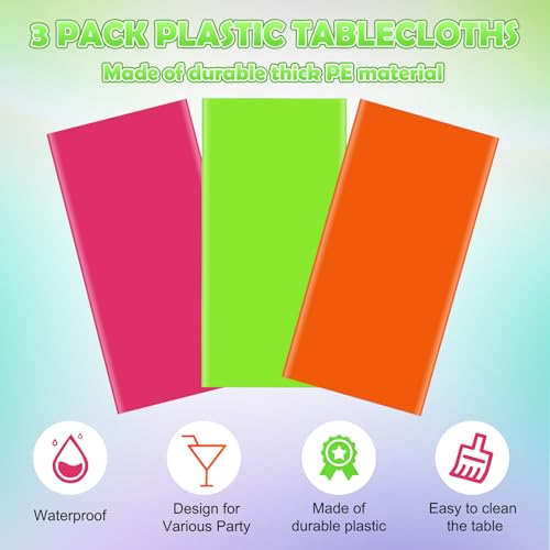 Image of 3 Pack Neon Table Cloths Party Decorations, Pink Orange Yellow Glow in the Dark Plastic Tablecloth, Disposable Rainbow Table Cover for Glow in Dark Neon Party Supplies Decorations, 54x108 inch