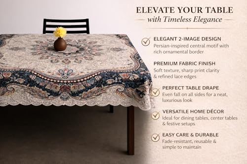 Image of Homerz Premium 6 Seater dinnig Table Heritage Series Velvety Table Cover, Vibrant Royal Designs with Border Cutwork (Shehnai, 54x78 inch- 6 Seater Dining Table)