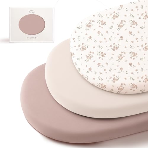 Image of Konssy 3 Pack Stretchy Bassinet Sheets for Baby Girl Boy, Soft Breathable Baby Bassinet Mattress Sheets Fit for Hourglass Oval Cradle, Moses Basket Rectangle Mattress (Blossom)