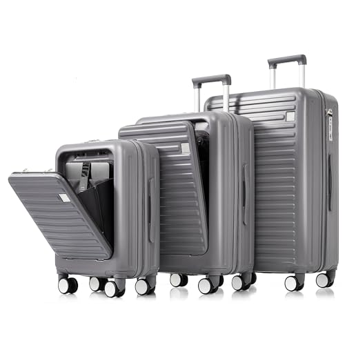 DEINPPA Luggage Set of 3, 20, 24, 28inch with USB Port, 20, 24inch with front opening design Airline Certified Carry on Luggage with Cup Holder, ABS Hard Shell Luggage with Spinner Wheels, grey blue2