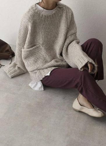 LOZ Sweaters for Women Oversized Causal Knit Pullover Fall Winter Clothes Long Sleeve Crewneck Ivory Pocket Front Sweater4