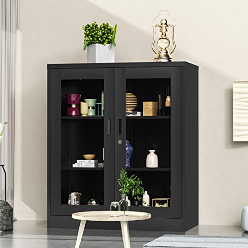 Afaif Metal Storage Cabinet, Glass Cabinet Sideboard, Bookcase With Glass Doors, Curio Cabinet With 2 Adjustable Shelves, Lockable Metal Display Cabinet For Home Office Living Room, Hallway, Entryway #TOP6