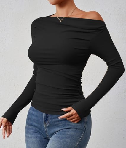 ZESICA Womens Off Shoulder Long Sleeve Tops 2025 Fall Casual Boat Neck Ruched Slim Fit Going Out Y2k Shirts Blouses3