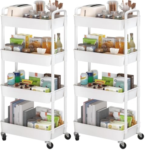 Image of Sywhitta 4-Tier Plastic Rolling Utility Cart with Handle, Multi-Functional Storage Trolley for Office, Living Room, Kitchen, Movable Storage Organizer with Wheels, White (Pack of 2)