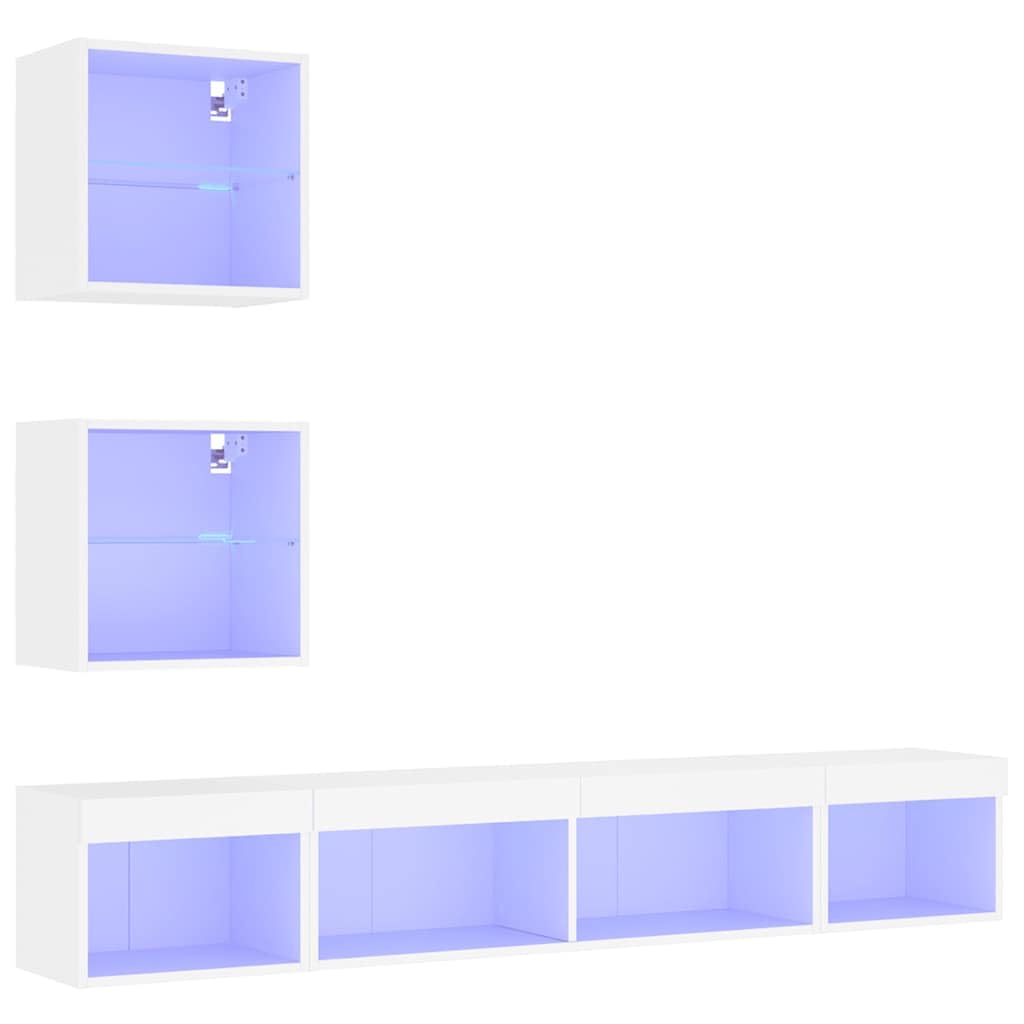 Biały zestaw mebli TV z oświetleniem LED RGB, 5-częściowy, ścienny, z płyty drewnopochodnej odpornej na wilgoć, zapewnia dużo miejsca do przechowywania książek i sprzętu