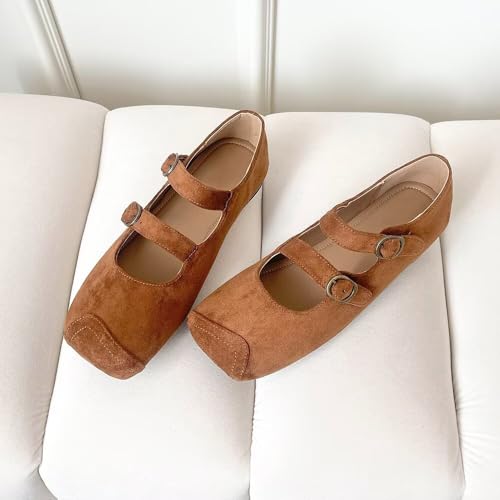 LUXINYU Women Square Toe Mary Jane Flats Comfortable Suede Shoes Double Buckle Straps Low Heel Casual Ballet Dress Moccasin Shoes2
