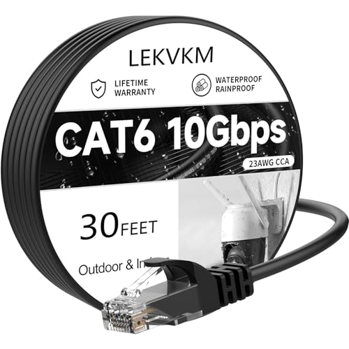 Image of Cat 6 Ethernet Cable 30 ft, 23AWG Solid CCA Copper-Clad Aluminum, PE Waterproof Outdoor, Rigid Durable Jacket for Direct Burial and Conduit Runs, Supports 10Gbps - Black