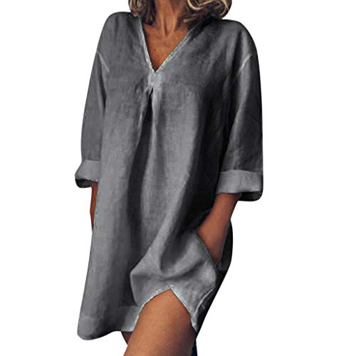 HIRIRI Womens Loose Shirts Solid Tunic Dresses Roll-Up 3 4 Sleeve V Neck Summer Henley T Shirt Mini Dress (L, Gray)