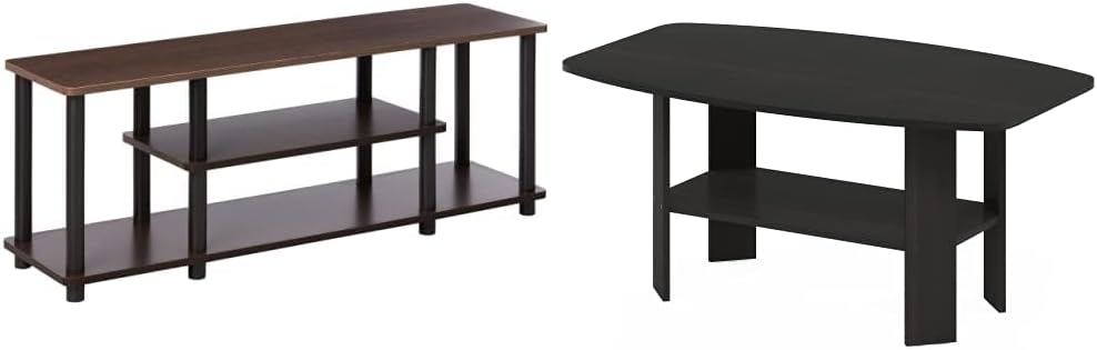 Furinno Turn-N-Tube No Tools 3D 3-Tier Entertainment TV Stand up to 50 inch TV, Round Tubes, Dark Brown/Black & Simple Design Coffee Table, Espresso