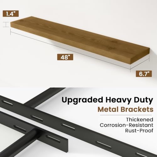 Image of Solid Wood Floating Shelves for Wall 48 inch,Grey Wooden Shelf Set of 1 | Rustic Wood Wall Floating Shelf with Invisible Brackets,Floating Wooden Shelves for Living Room,Bathroom,Bedroom,Kitchen