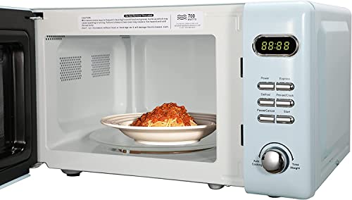 Emerson .7 Cu Ft Retro Digital Microwave Oven, 700W With 5 Micro Power Levels, 8 Pre-Programmed Settings, Express & Defrost, Chrome Handle & Control Buttons, Timer & Led Display, Retro Blue #TOP3