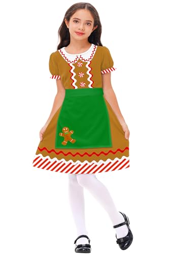 Xmas Puff Sleeve Dress Christmas Gingerbread Girl Dress with Apron Elastic Waist Aline Dresses 5-6 Years2