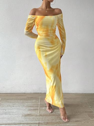 Image of LIGHT DOT Women's Printed Off Shoulder Maxi Dress Long Sleeve Bodycon Ruched Mesh Cocktail Dress