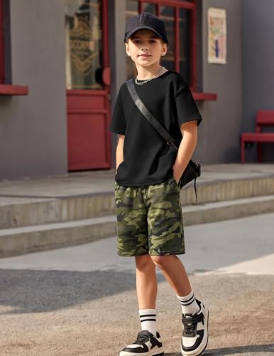 Image of Arshiner Boys Drop Shoulder T-Shirt & Drawstring Waist Shorts Summer Casual Outfits (5-12 Years)