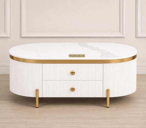 Image of Tesla Centre Table, 42x24x18 Inch, Nano Composite White Marble Top, Gold Accents, 2-Drawer Storage, Oval Design, Waterproof Plywood, PVD Legs, Modern Coffee Table for Living /Entryway
