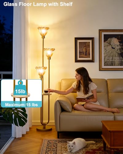Image of Lightdot Glass Floor Lamp for Living Room Gold with Amber Glass Shade & 3000K Bulbs Included 3-Lights Modern Tall Standing Lamp with 5Lbs Heavy Base for Bedroom /Sofa Beside /Corner Decor /Party