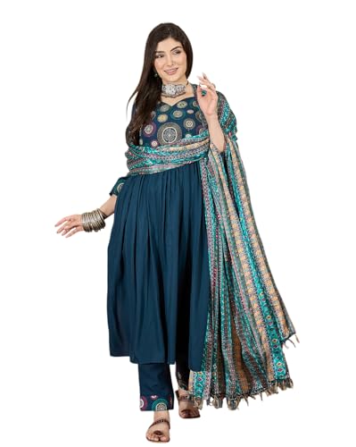 Image of SheWill Women's Mustard American Crepe Zari Sequence Embroidered Alia Cut Kurta with Pant and Dupatta