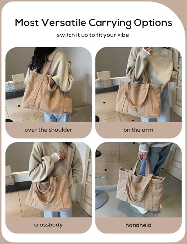 Image of METALPHA Tote Bag for Women, Large Work Corduroy Tote Bags Zippered Messenger Travel Bag Shoulder Crossbody Hobo Handbags