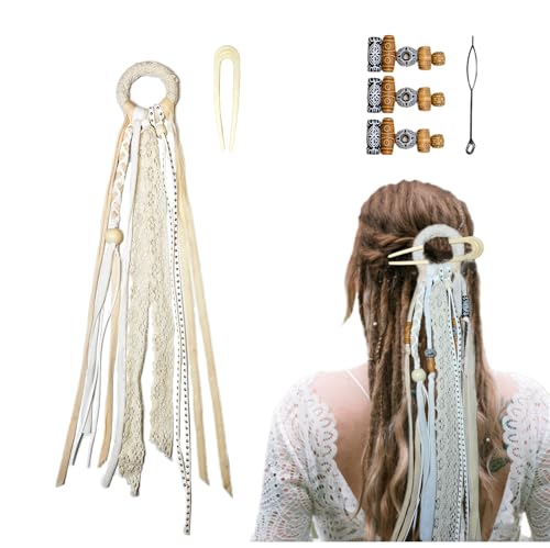 Nutty Natte Handmade Boho Dreadlock Hair Accessories: Ties, Clips, Barrettes, Braiding Beads, Pins, Extensions, Tassels, Ponytail Holders for Women (White)