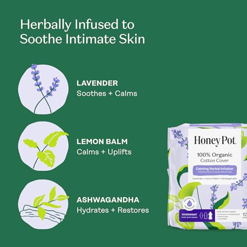 Image of Honey Pot Calming Overnight Sanitary Pads for Women - 100% Organic Cotton Top Sheet - Feminine Care - Non Cooling - Calming Herbs of Lavender, Ashwagandha, & Lemon Balm - 12ct