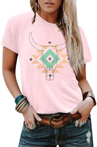 Boho Cow Skull Shirt Women Cowgirl t Shirt Vintage Western Rodeo Graphic Tee Short Sleeve Bull Skull Casual Top