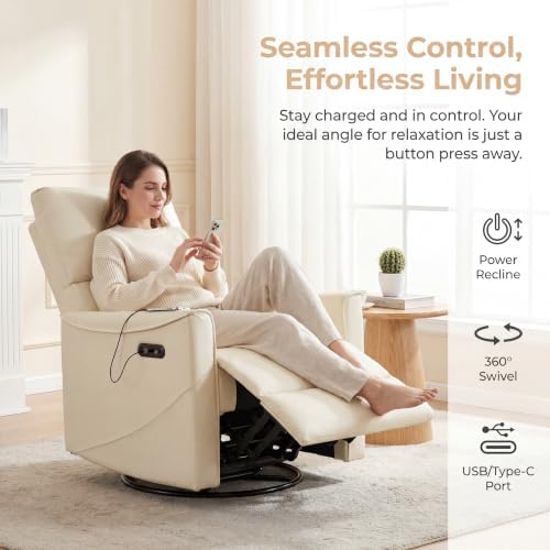 Image of Leather Power Swivel Rocking Recliner Chair, Electric Lazy Boy Reclining with Home Theater Seating, 360 Swivel Oversized Recliner Chair for Living Room, Bedroom, Reading, Beige